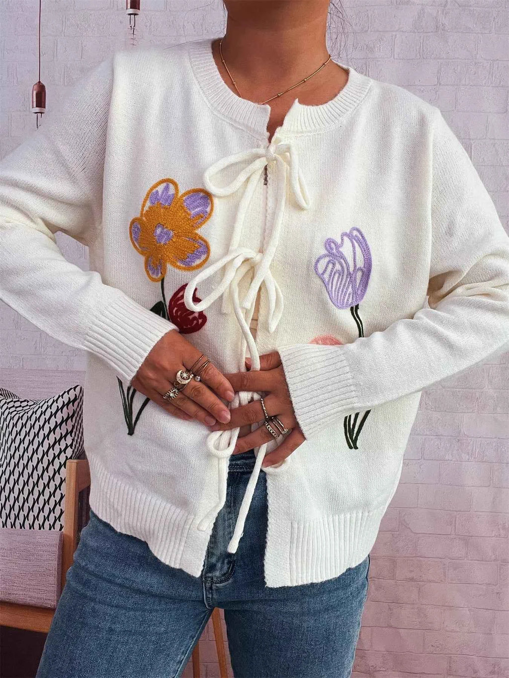 Floral Ribbed Hem Tie Front Cardigan e4be4ac5e5f342098d99121cdcd25fbd-Max-Origin