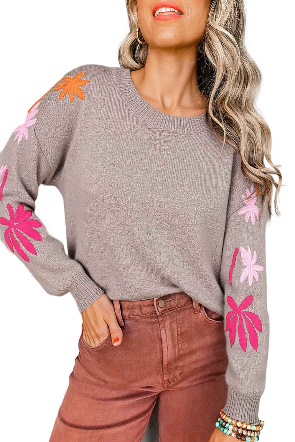 Beige Embroidered Floral Sleeve Round Neck Loose Sweater e4c676f1d043057d