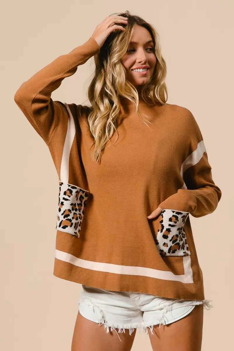 BiBi Mock Neck Sweater with Leopard Pocket e4cb9968cc6e4ea09cc032d142f35013-Max-Origin