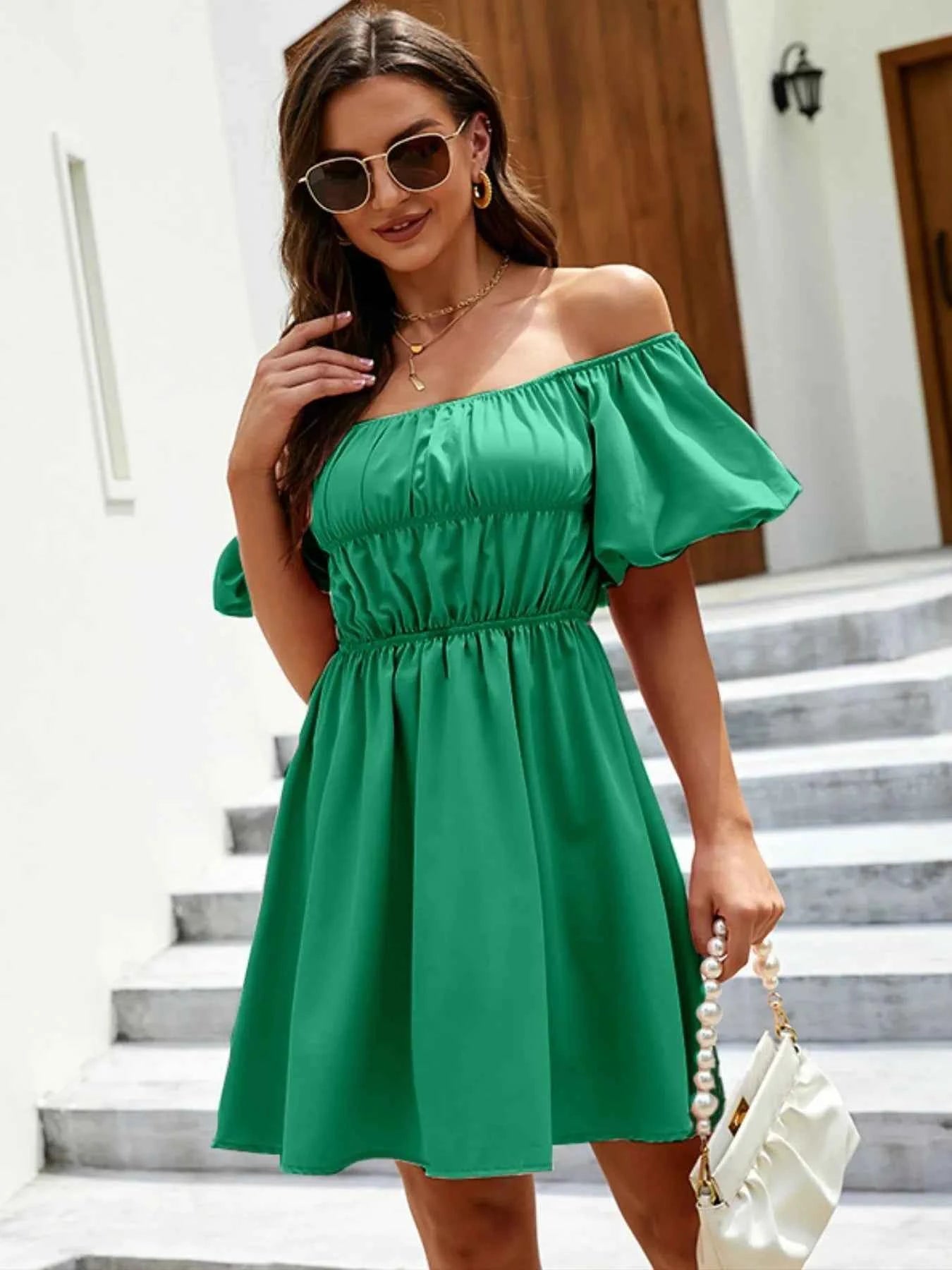 Off-Shoulder Puff Sleeve Mini Dress Green e4d2c030816842e98425529858892e90-Max-Origin