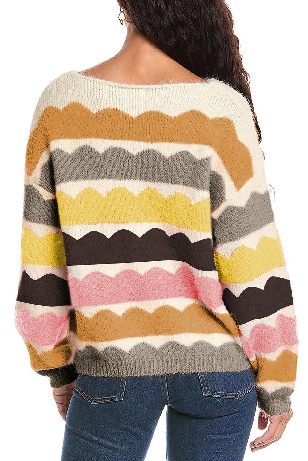 Yellow Wave Striped Balloon Sleeve Drop Shoulder Sweater e4d42d1c173c9887