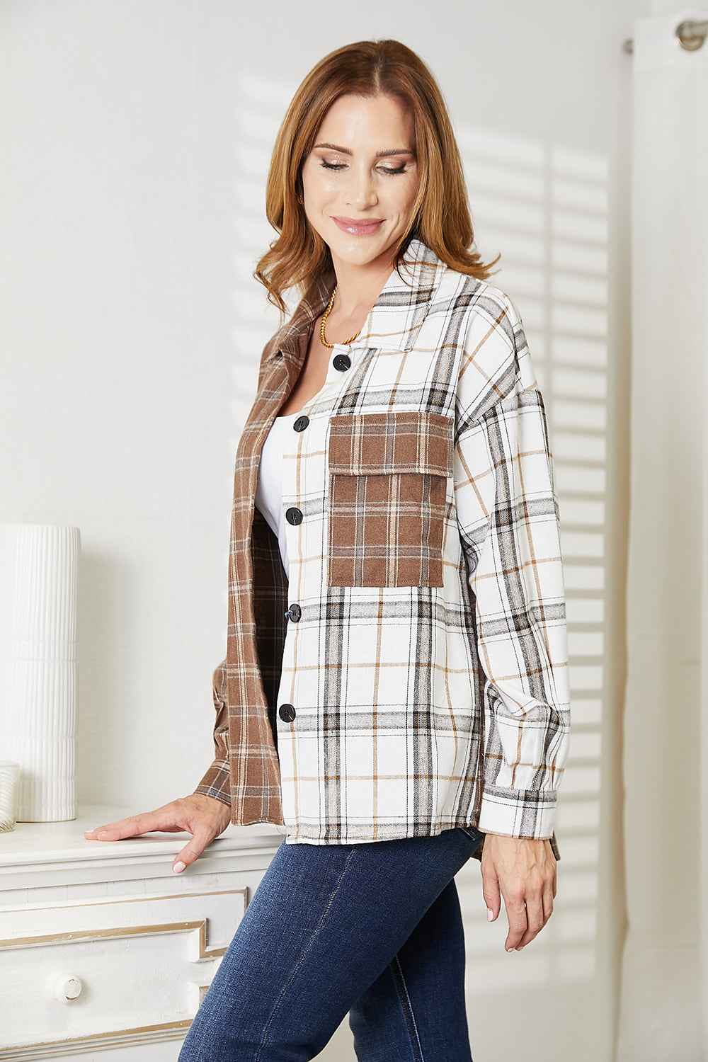 Double Take Plaid Contrast Button Up Shirt Jacket e4e54679b6834632bda4e09807e63c55-Max