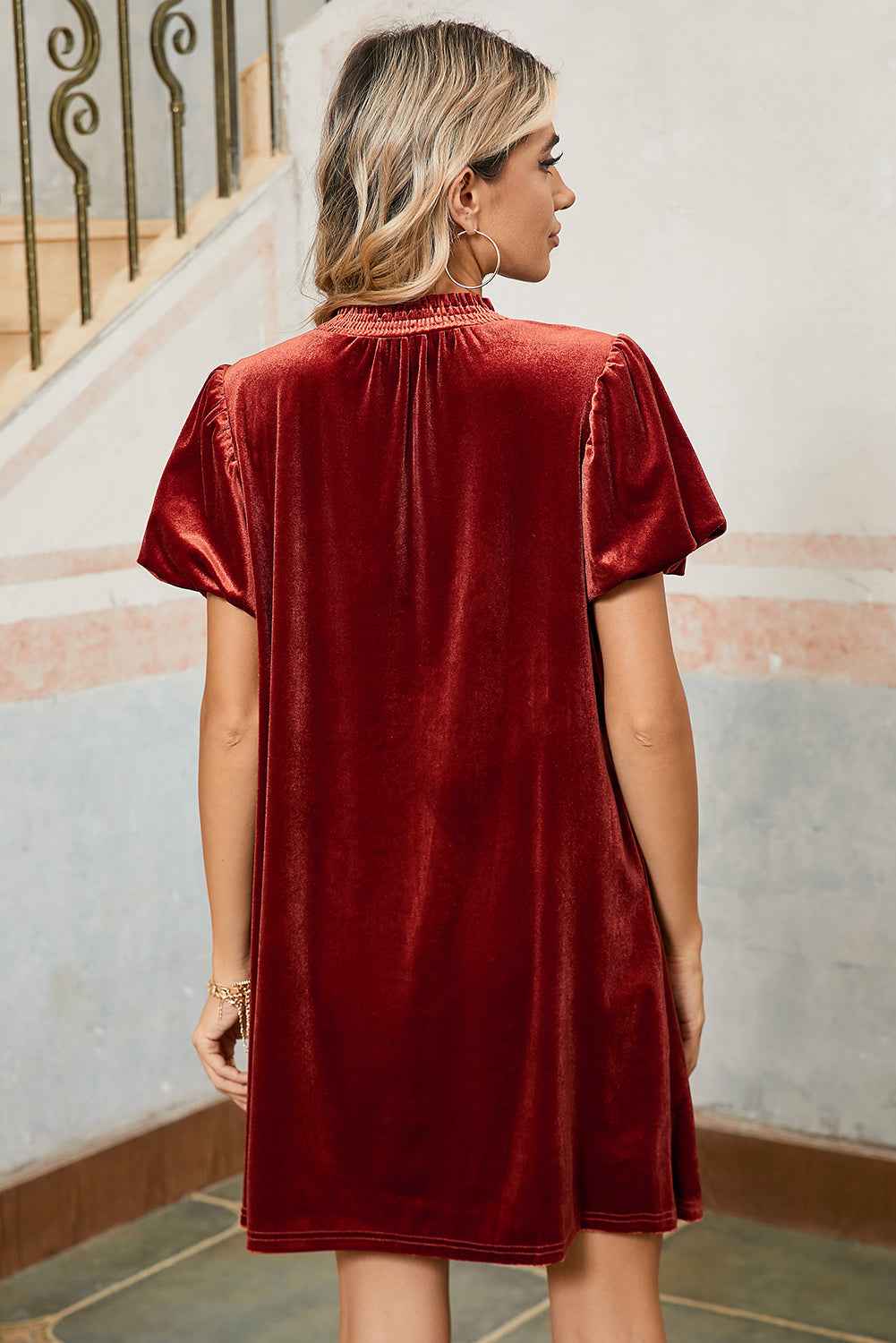 Cinnamon Velvet Smocked Neckline Puff Sleeve Shift Mini Dress e4e80029a2ad4b41