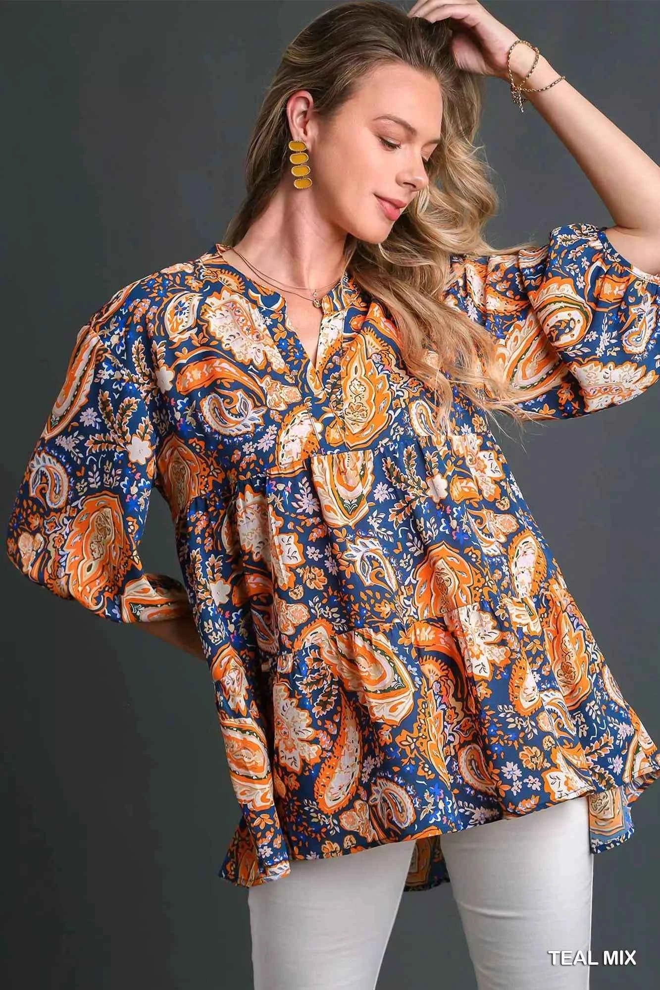 Umgee Mix Paisley Boho Tunic Blouse TEAL MIX e4f9a48f-4797-4c8f-9b87-b650275c93ec-Max-Origin