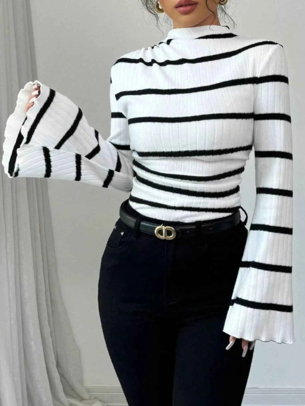 Striped Mock Neck Flare Sleeve Knit Top e500e064-d468-4c19-afbd-9c8c01f71627-Max-Origin
