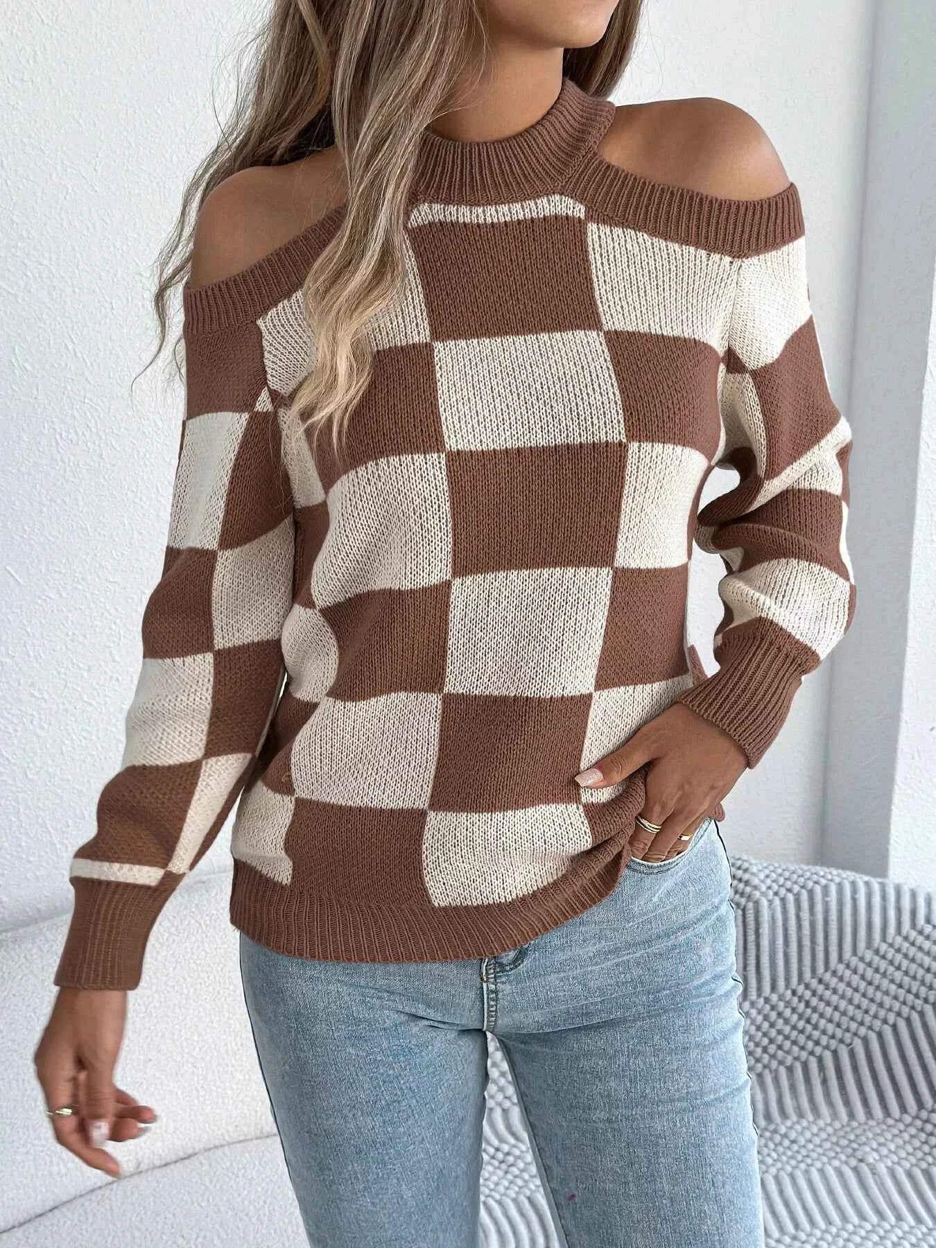 Cold Shoulder Checkered Long Sleeve Sweater e5076ea6db2143fcad35199c21e8c2ae-Max-Origin