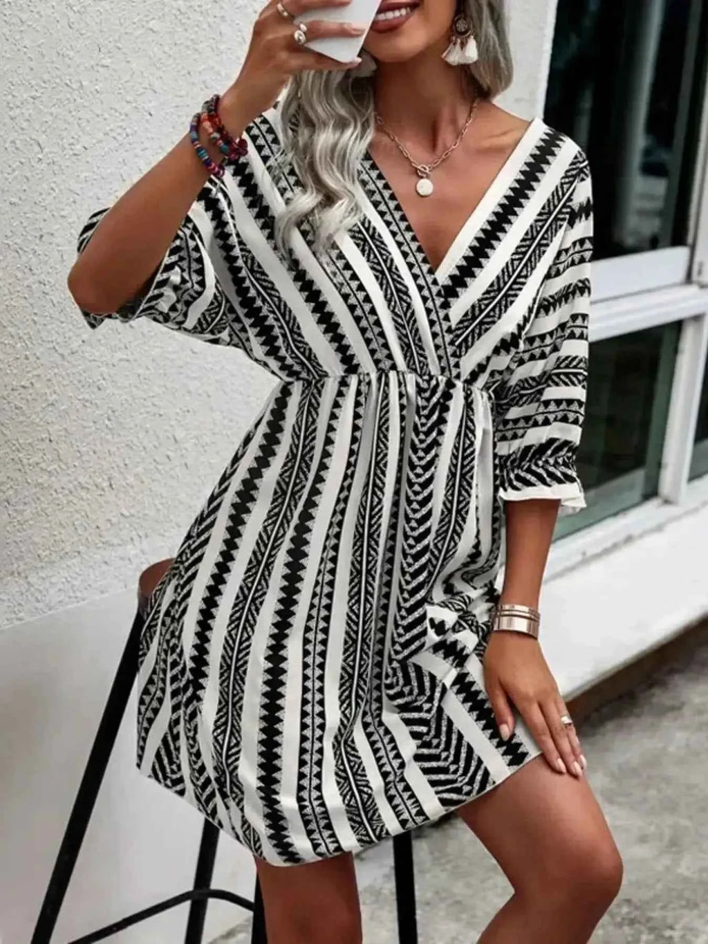 Geometric Print V-Neck Mini Dress e5277129fd8749c1a04df5f13aa54f50-Max-Origin