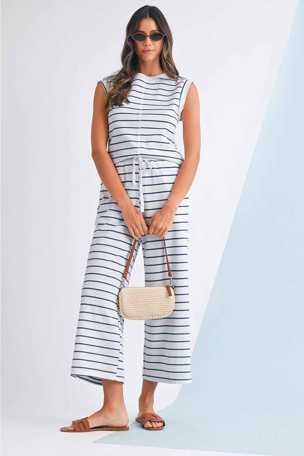 Sail Blue Casual Striped Tee and Wide Leg Pants Set e529f5317e64344b