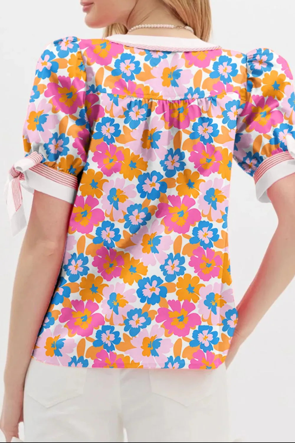 Floral Striped Edge V Neck Knotted Short Sleeve Blouse e5444aa0-f6f3-4116-b4b2-21aab51a5036-Max-Origin