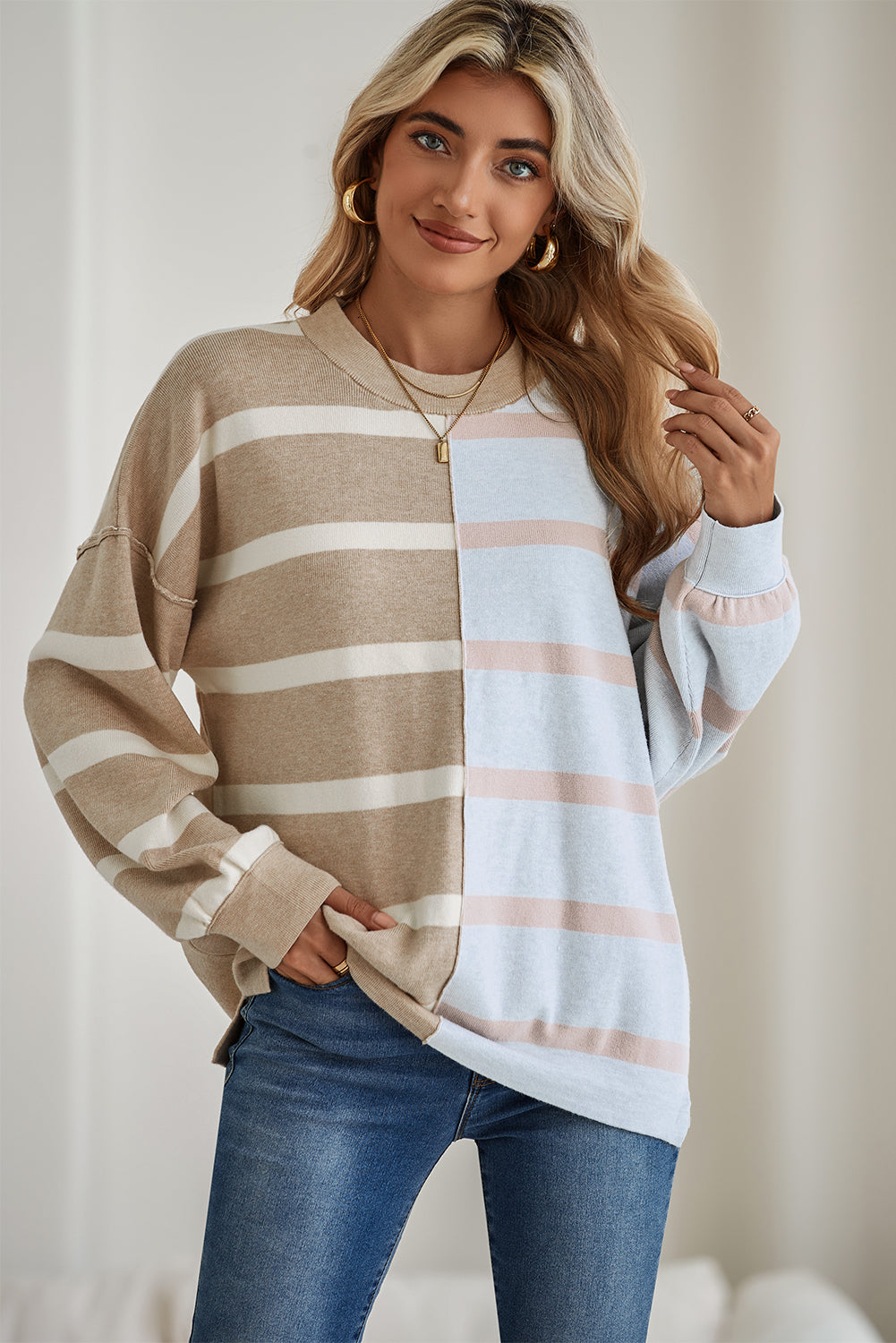 Blue Stripe Exposed Seam Patchwork Loose Sweatshirts e548cd26f9664621