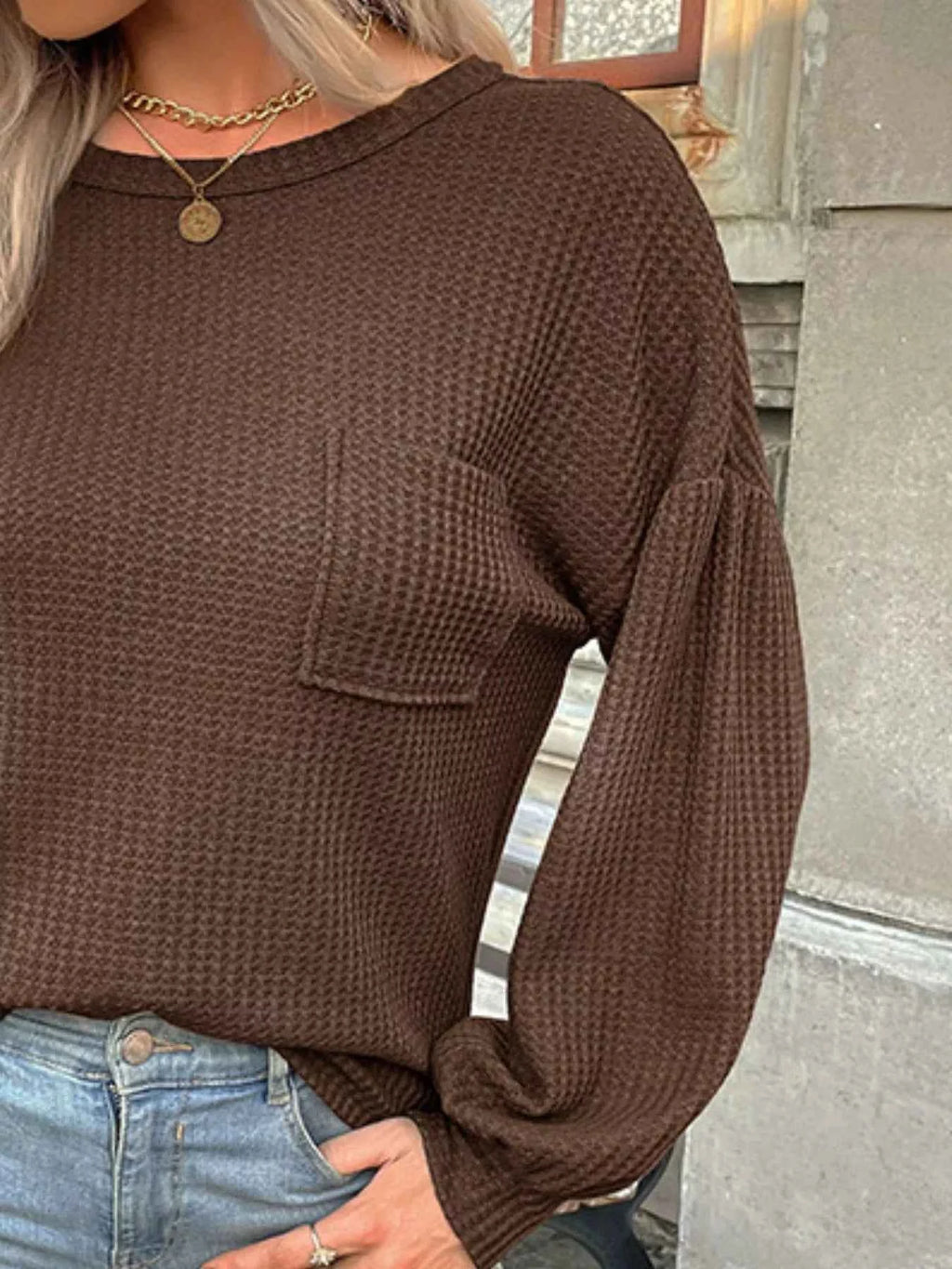 Waffle Knit Round Neck Top e554eb72-ef81-47ab-ab31-8434b2a41f34-Max-Origin