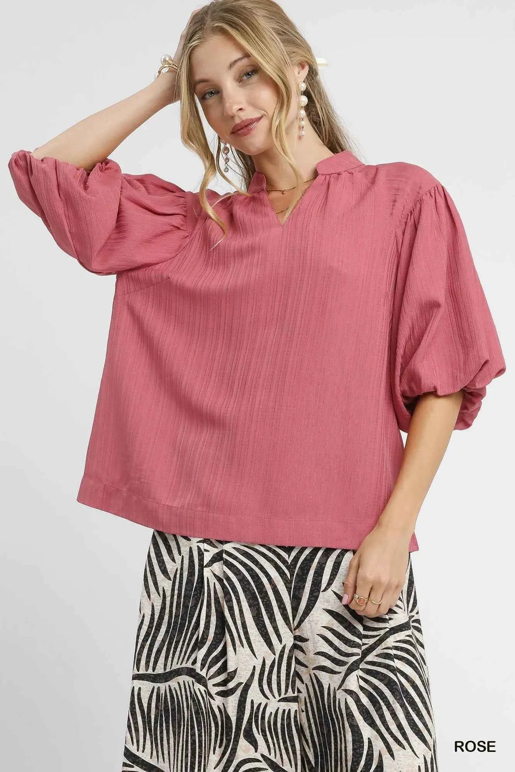Umgee Textured Puff Sleeve Blouse ROSE e56495f2-8b68-47bd-8e52-70fea3245596-Max-Origin