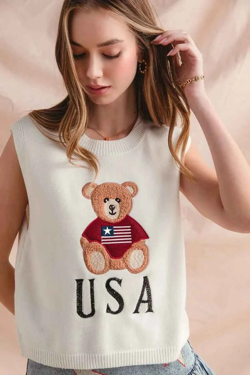 SO ME Teddy Bear Wearing An American Flag With Usa Embroidered Sweater Vest e57878cd9e7b4553816fe73c234c5114-Max-Origin