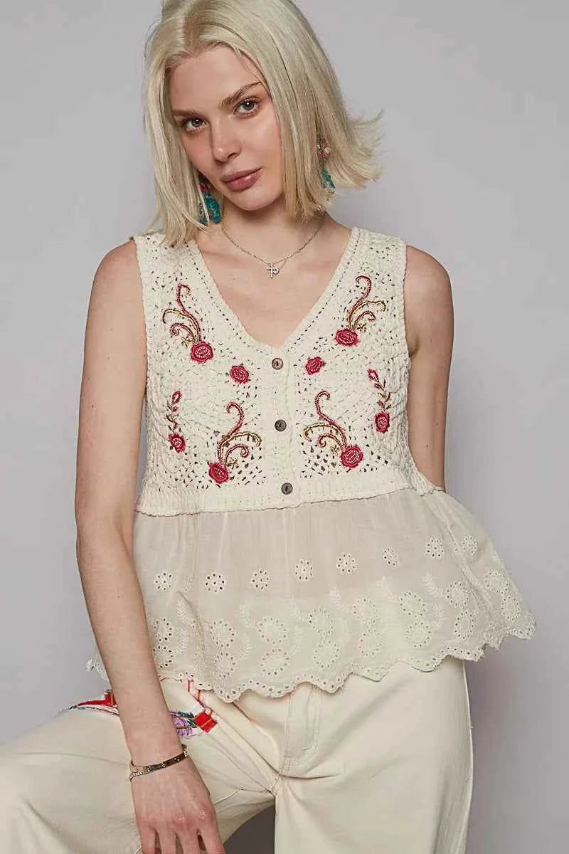 POL Embroidered Detail V-Neck Eyelet Peplum Tank Cream One Size e57ac43e-77c9-4ab4-aecb-a2cf7ae63d76-Max-Origin