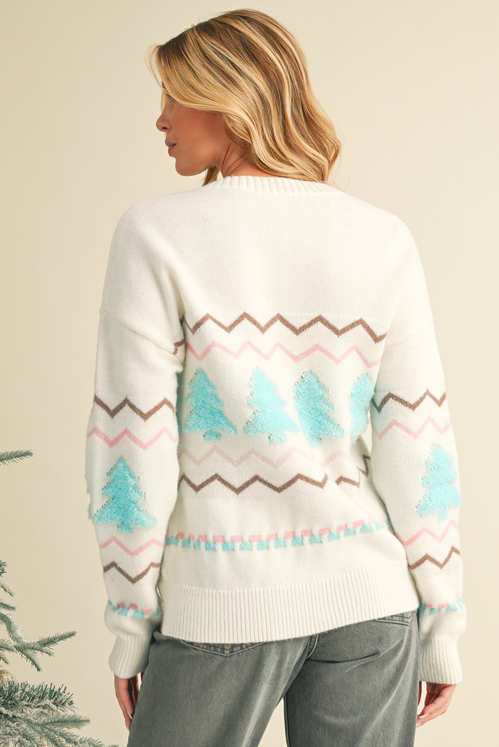 White Christmas Tree Wavy Striped Drop Sleeve Sweater e580081d8300140e