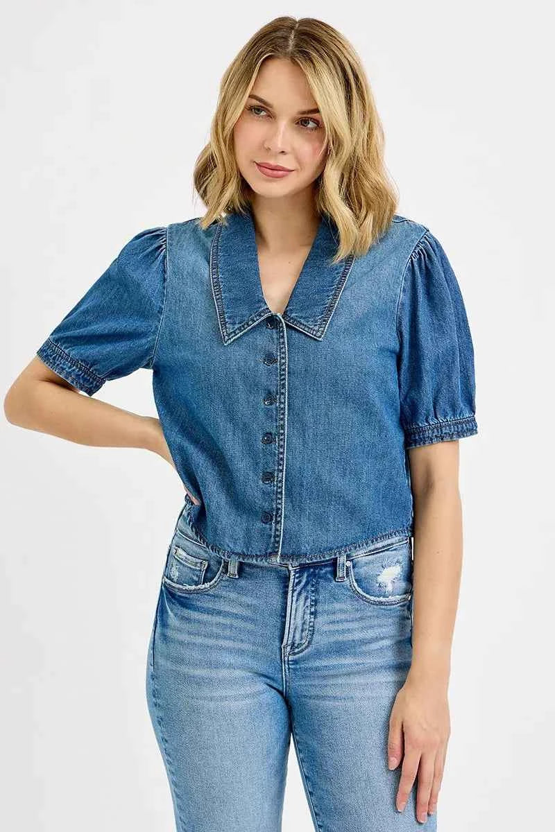RISEN Button Down Puff Sleeve Crop Denim Shirt e585998da9bb45d6a7ec8106caf60830-Max-Origin
