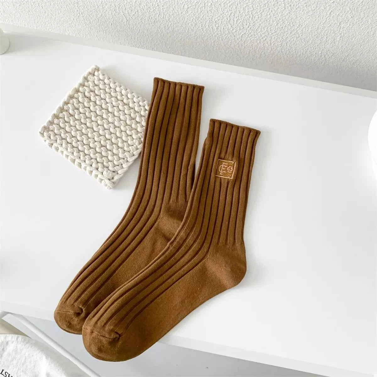 Breathable Ribbed Knit Crew Socks Coffee Brown One Size e59594d3-f5ca-4f81-b33a-3fb93d66259c-Max-Origin
