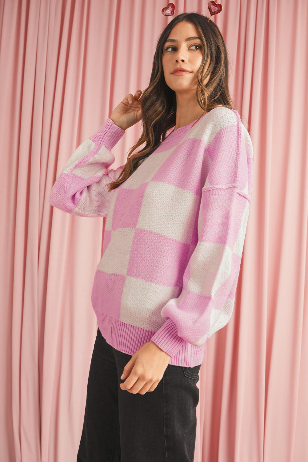 Pink Checked Bishop Sleeve Pullover Sweater e5ada8e8c5cbddbd