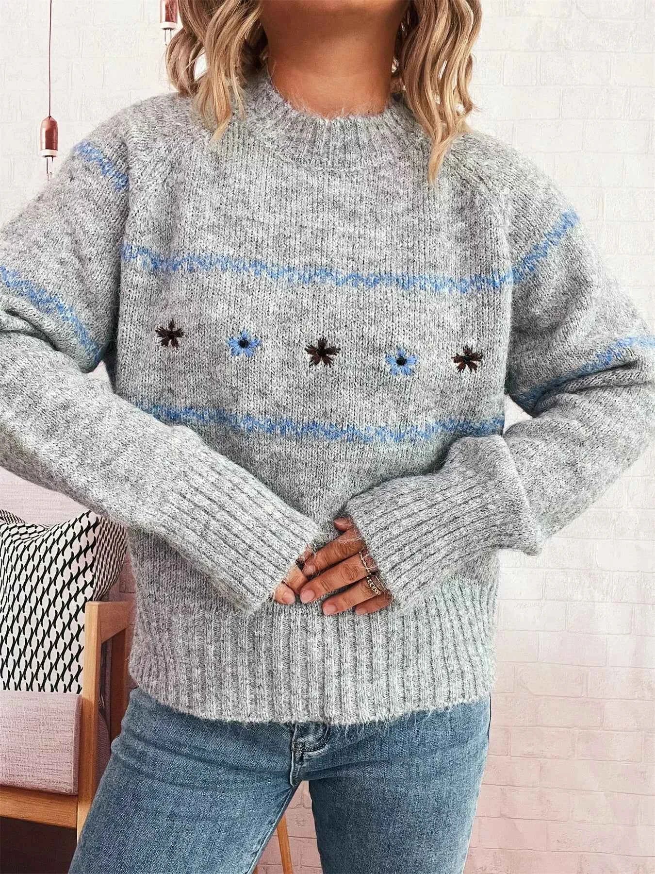 Ribbed Hem Flower Long Sleeve Sweater e5c84d6e0a8f4435b38eaf068beb86e9-Max-Origin