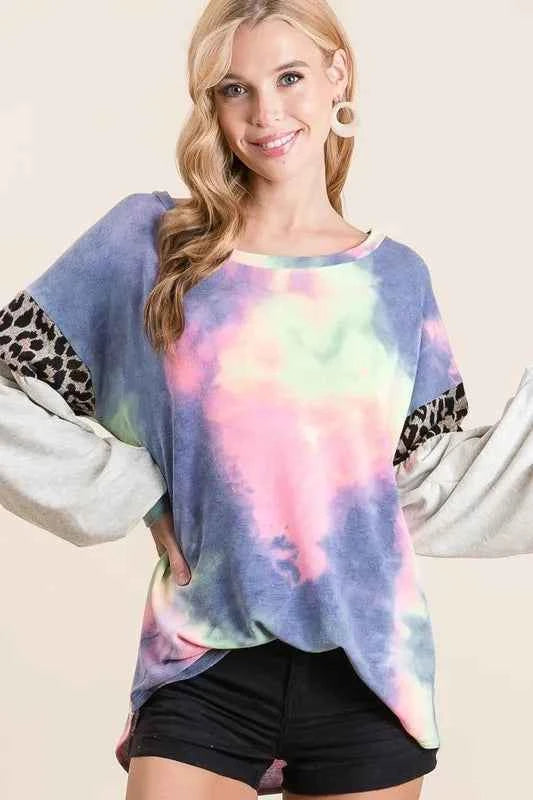 BiBi Tie Dye Terry Top with Contrast Puff Sleeves e5cb93d096484fdfa30dece92fd02a2b-Max-Origin