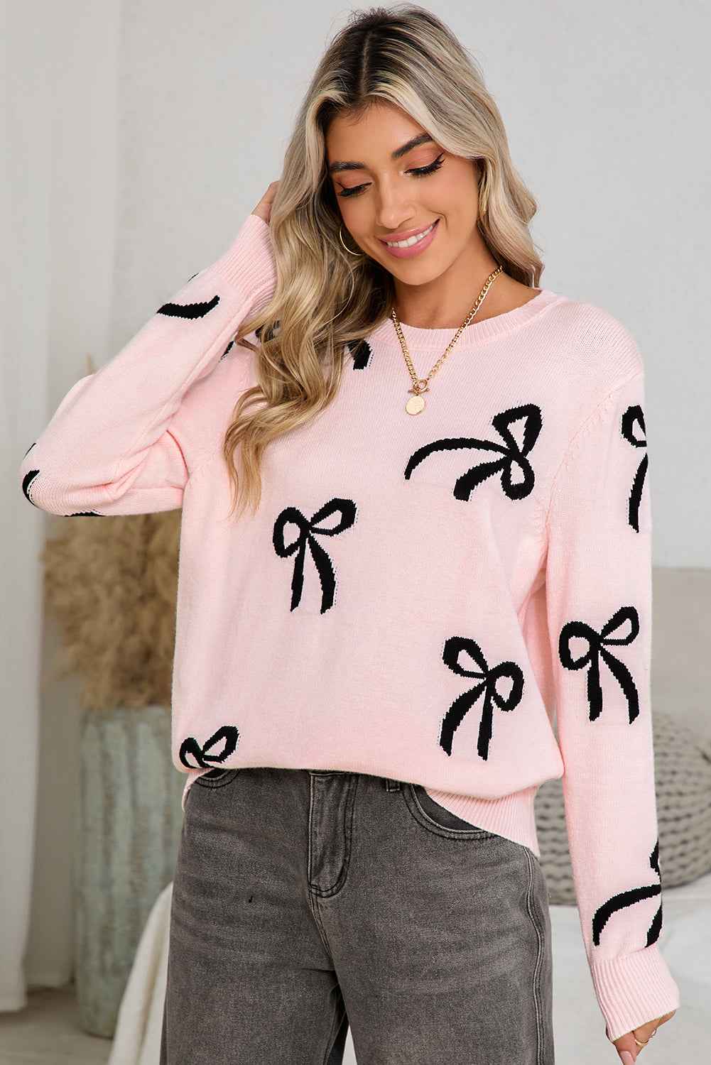 Light Pink Bow Print Long Sleeve Loose Fit Sweater e5d2e24e2688fb1f