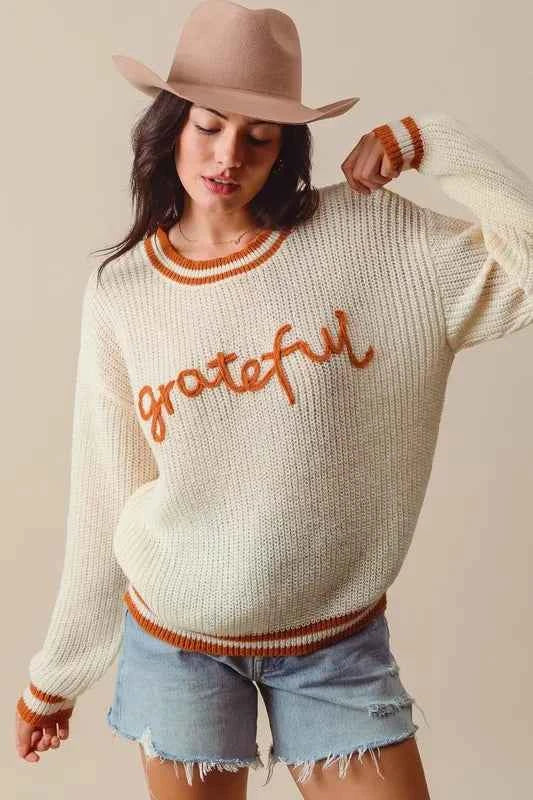 SO ME Thanksgiving Grateful Lettering Stitch Sweater e5d2ec67fe1f44ac990198ebacf96f86-Max-Origin
