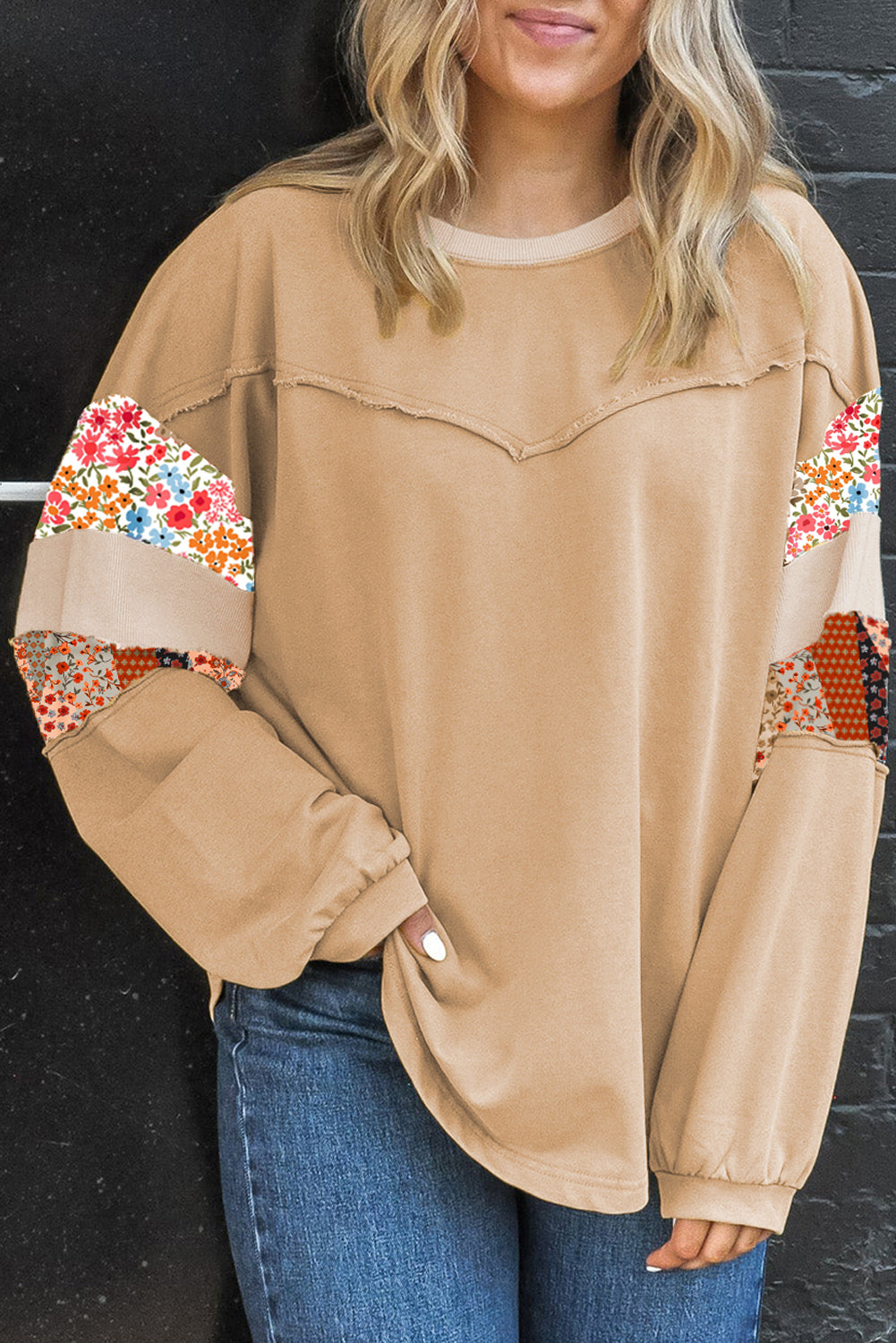 Khaki Exposed Seam Floral Mixed Patchwork Plus Size Top e5dd75eb77932c7d