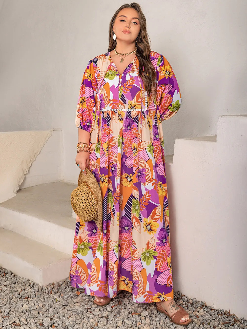 Plus Size Printed Tie Neck Maxi Dress e5f0cd4b-46f7-4721-904d-519637b2f3e1-Max