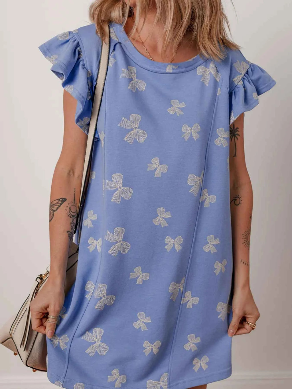 Bow Knot Print Crewneck Ruffled Sleeve Shift Mini Dress e5fb22664cfd423fb7b3242791996cc0-Max-Origin