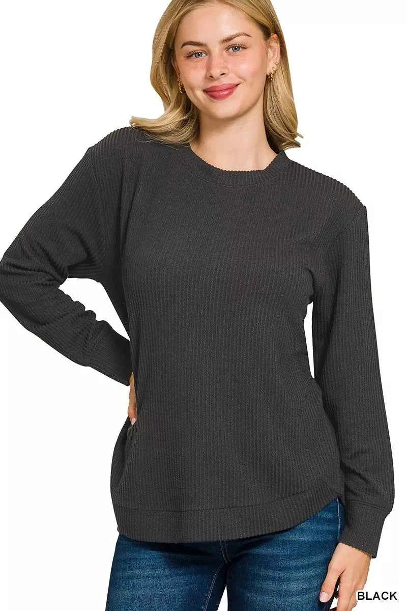 Zenana Full Size Raised Rib Round Neck Long Sleeve Top Plus Size BLACK e60d0dd306754cefa1ecebf88da81b00-Max-Origin