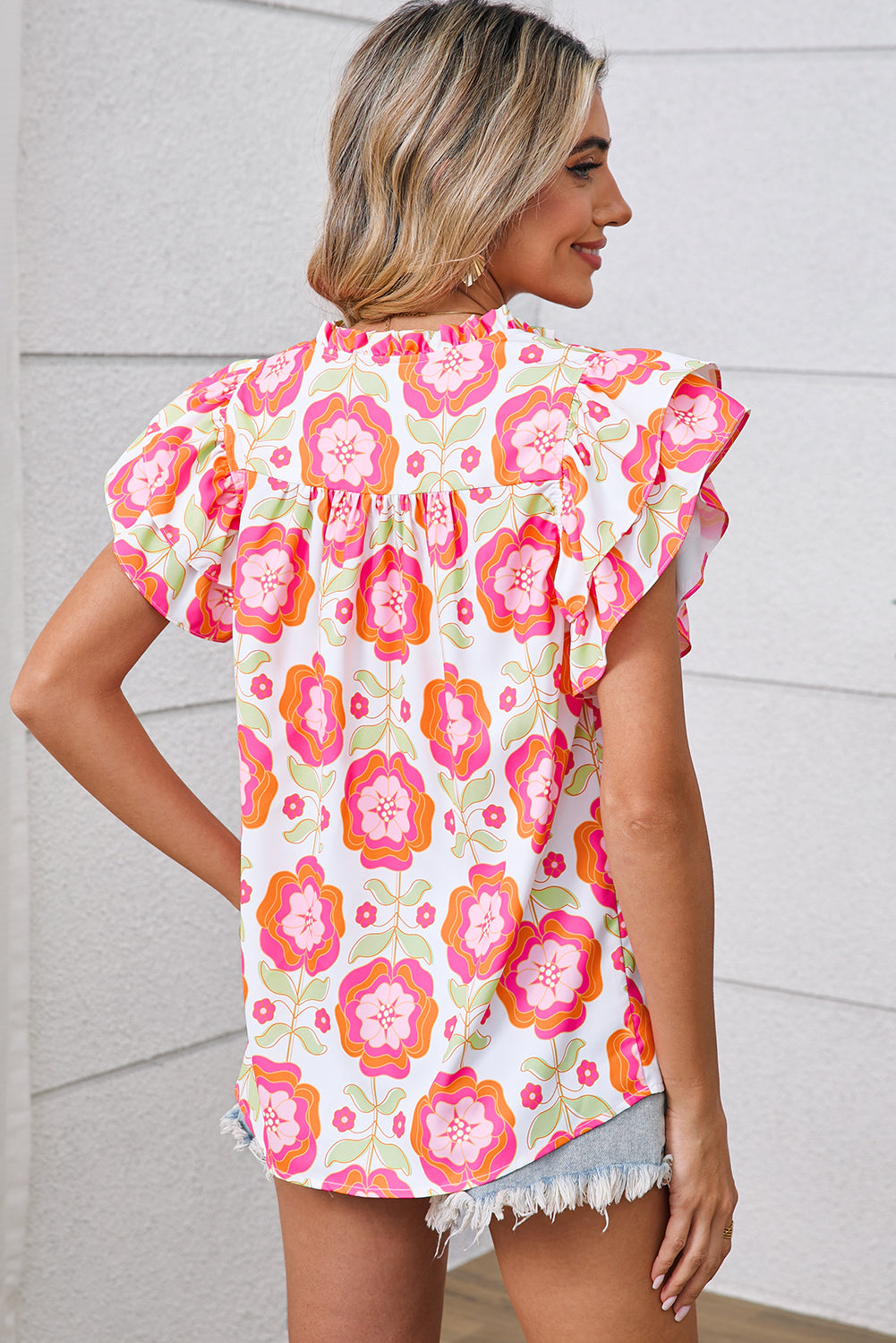 Rose Boho Floral Print Ricrac Ruffle Sleeve Blouse e610b4ba786f2de1