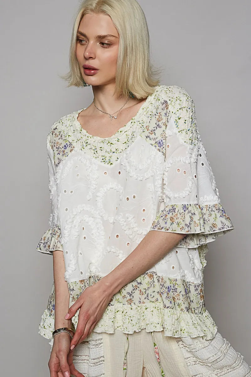 POL Floral Print Eyelet Ruffled Hem Blouse e624345f-977a-4b23-9e84-b16fe315f1b1-Max-Origin