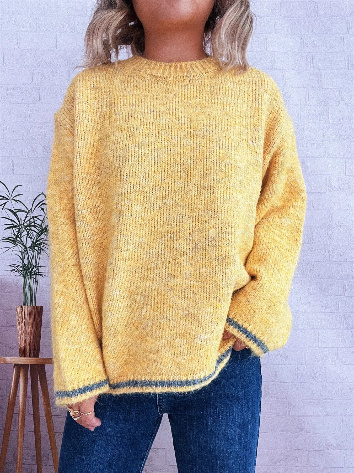 Contrast Trim Round Neck Cozy Sweater Yellow One Size e62b16147fcb4b13a218f579c0a84ed2-Max-Origin