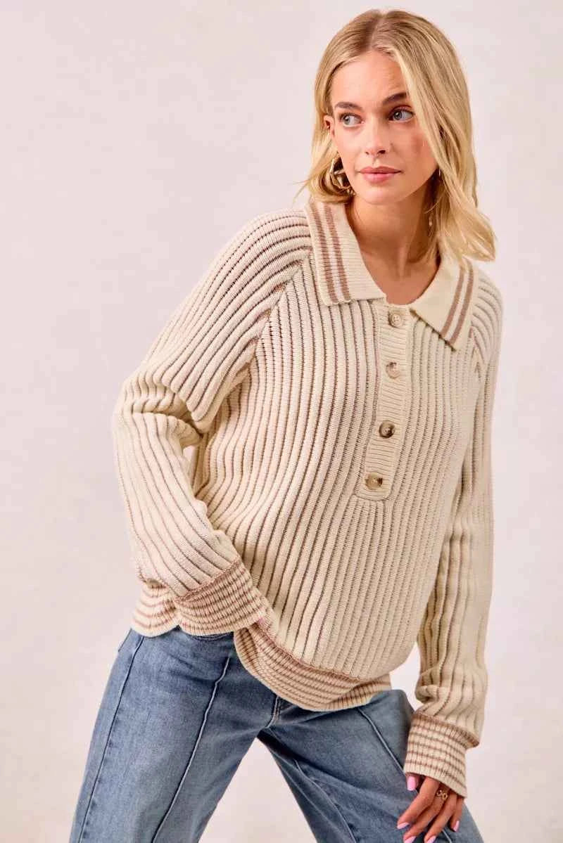 BiBi Half Button Ribbed Two Tone Sweater e6372594b68241808f0322333d17e202-Max-Origin