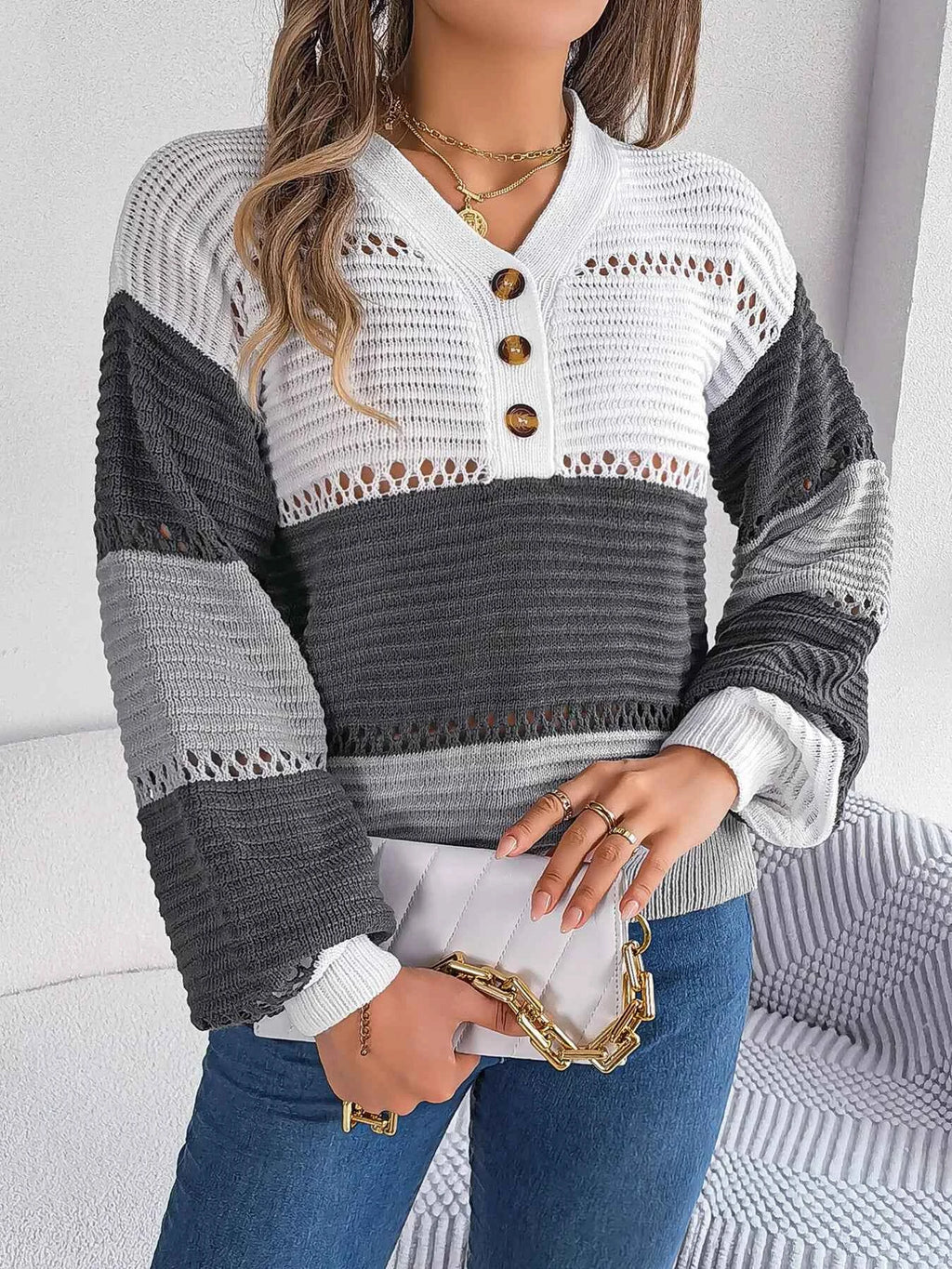 Color Block Striped V-Neck Button Detail Sweater e641ffba17f34770b083b005269eb624-Max-Origin