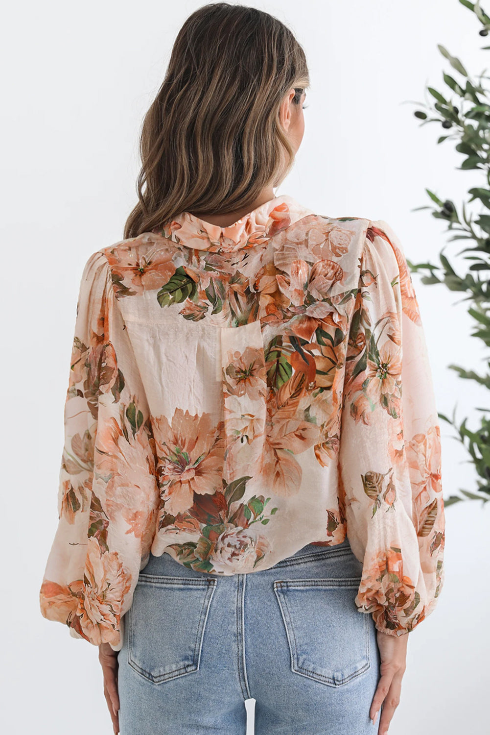 Brown Floral Puff Sleeve Lightweight Shirt e648998d824713fd
