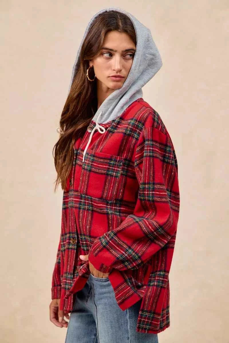 BiBi Brushed Plaid Hooded Jacket e65660f32ce447689643c3993a49010c-Max-Origin
