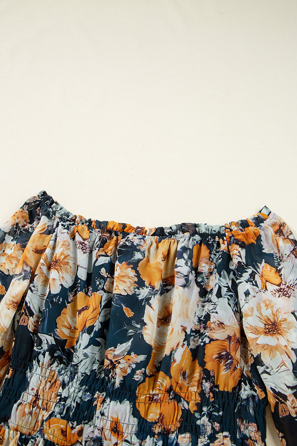 Blue Floral Off Shoulder Bell Sleeve Smocked Peplum Top e6616c08169402f9