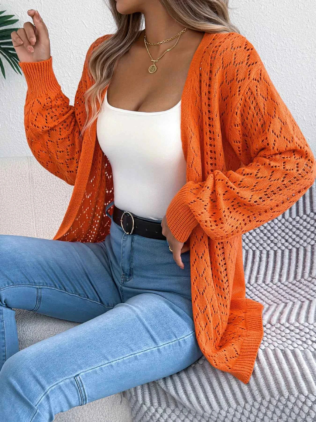 Openwork Open-Front Long Sleeve Cardigan Orange e661f3be86ba4126a894212e537f702b-Max-Origin