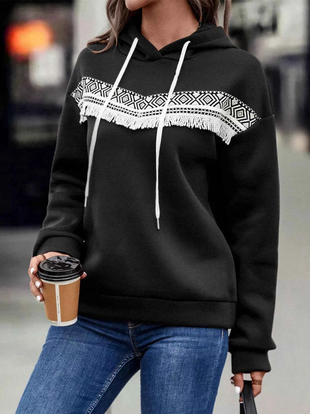 Fringe Detail Long Sleeve Drawstring Hoodie e6738da2-adb4-42fd-8240-502ecd4e5e66-Max-Origin