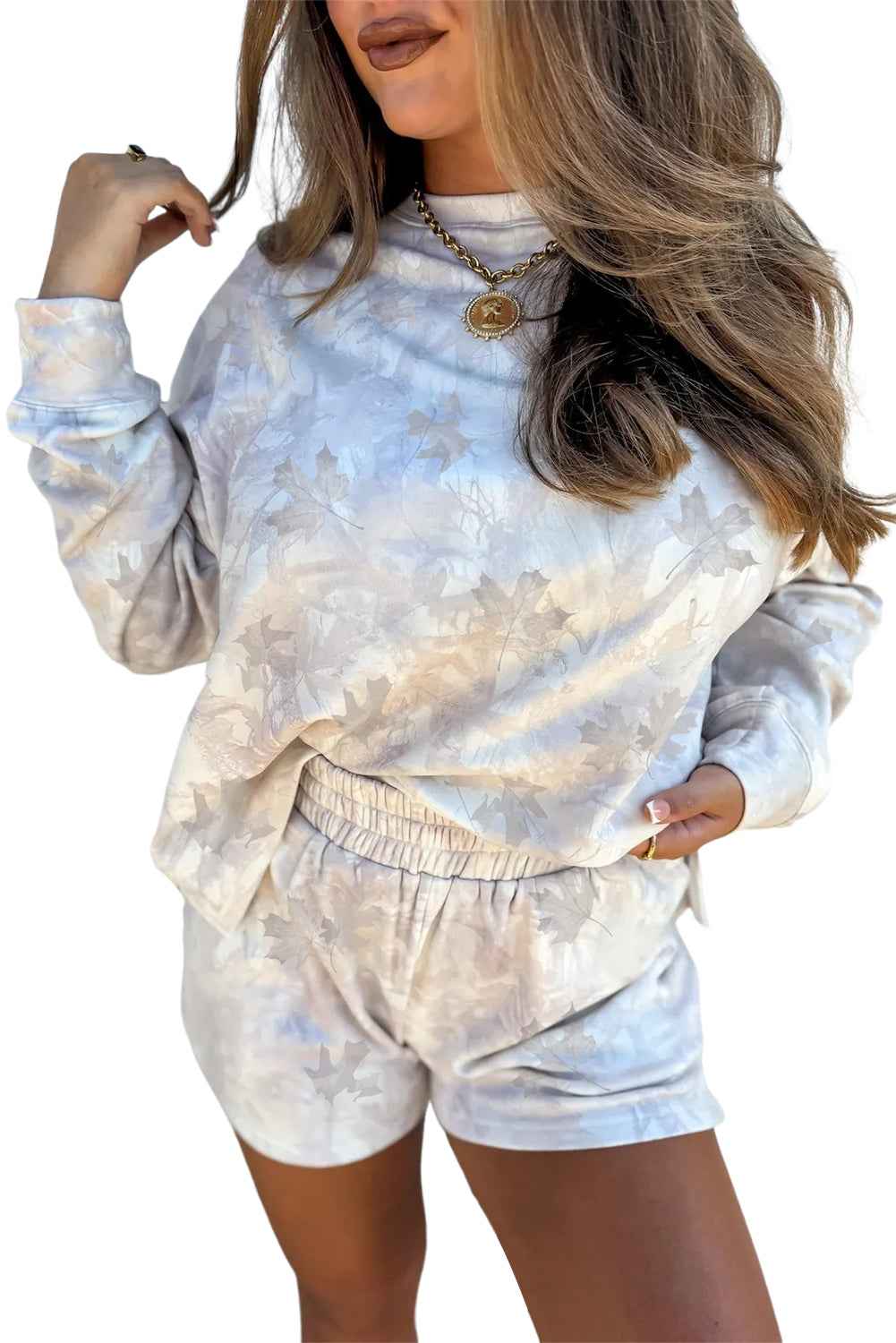 Beige Abstract Maple Leaf Print Long Sleeve Top Elastic Waist Shorts Set e6791b777320f67b