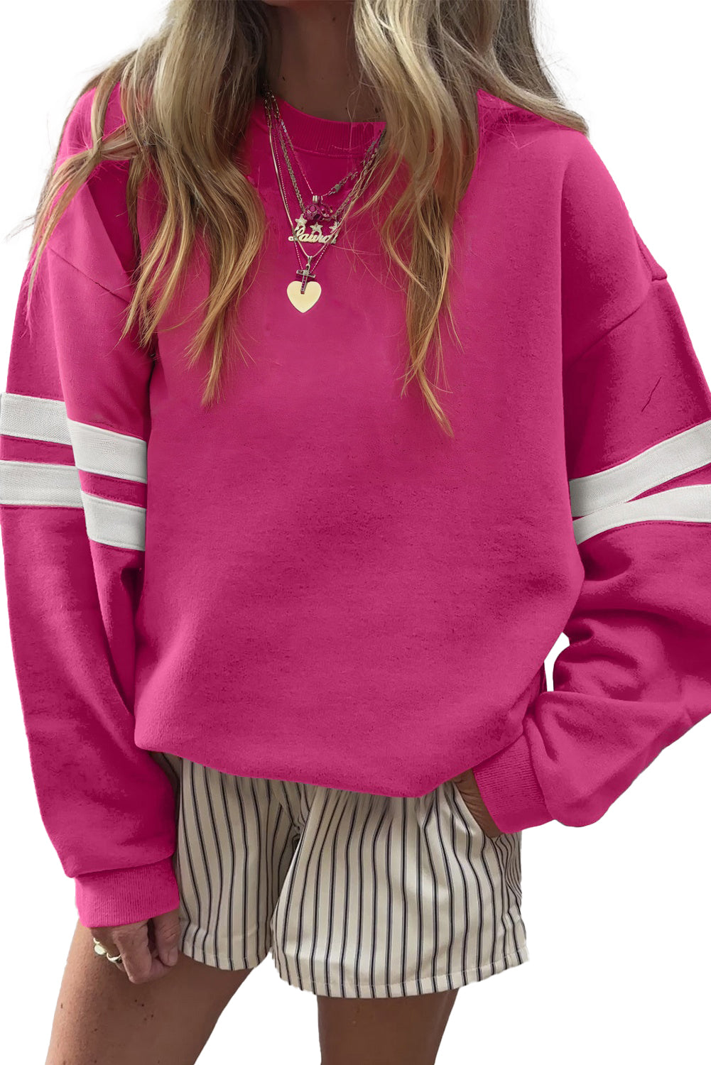 White Preppy Striped Sleeve Loose Sweatshirt Rose Red 65%Polyester+35%Cotton e67e5d4a1d9dfc14