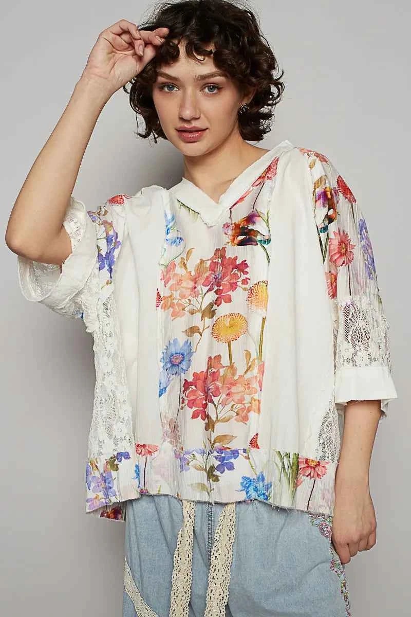 POL Floral V-Neck Raw Edge T-Shirt with Lace Detail White e68af5d5-f6ff-4c5d-ba0d-4f8d2292cf16-Max-Origin
