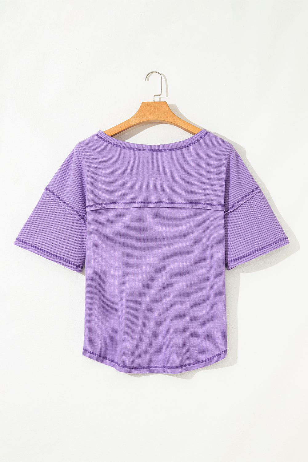 Blue Exposed Seam Drop Sleeve V Neck Waffle Textured Top e68d114a5c2617e2