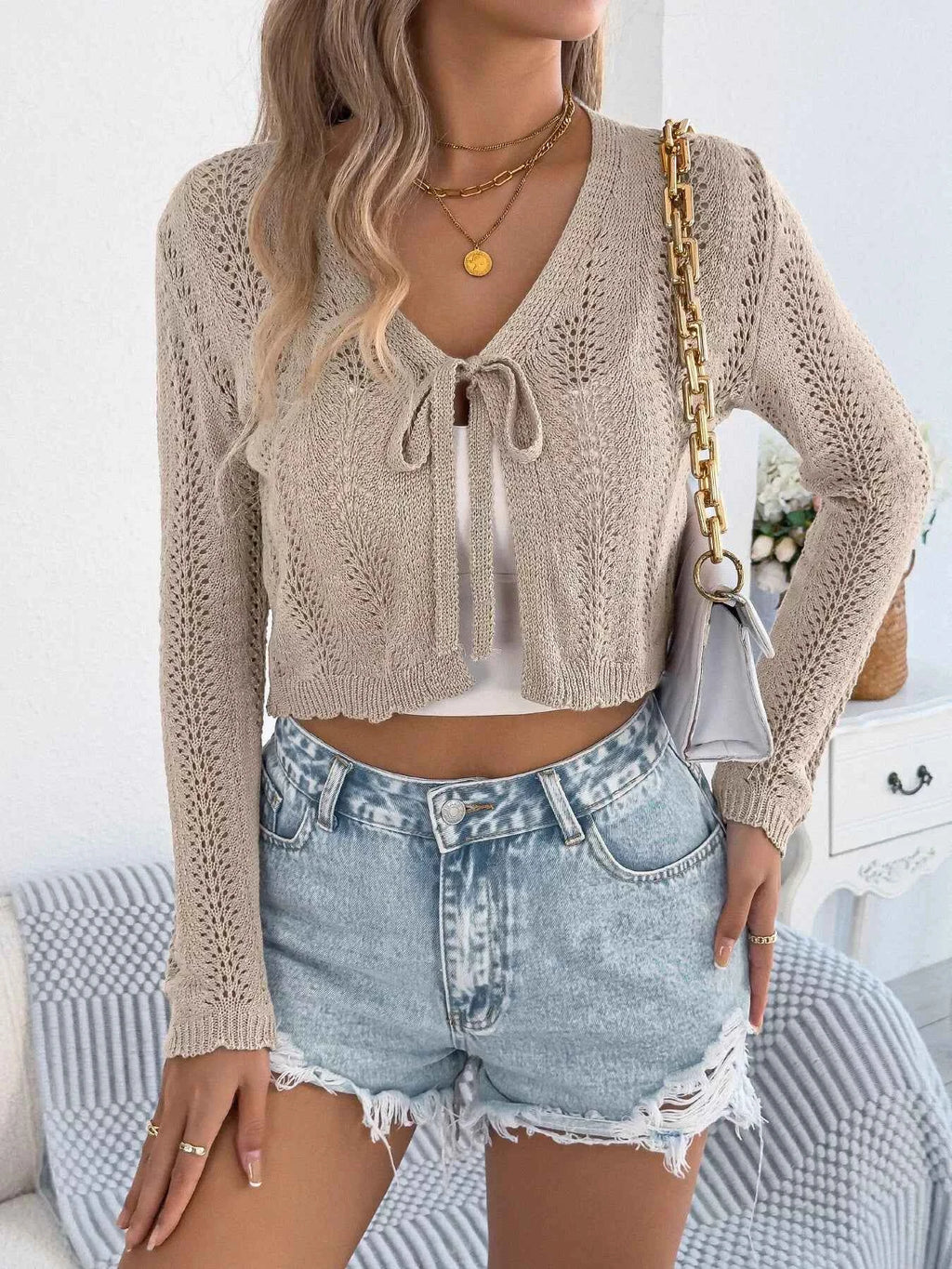 Openwork Tie Front Long Sleeve Cardigan e6986a2774d34c97ad90851f9ee2e245-Max-Origin