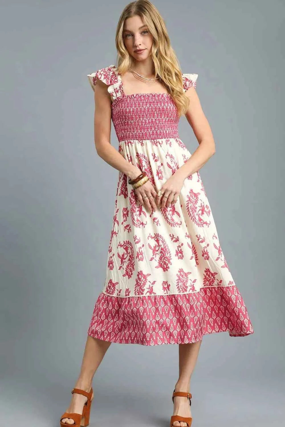 Umgee Printed Smocked Midi Dress with Ruffle Details Deep Rose e6a61127-b442-422e-a953-a2a2af4781cb-Max-Origin