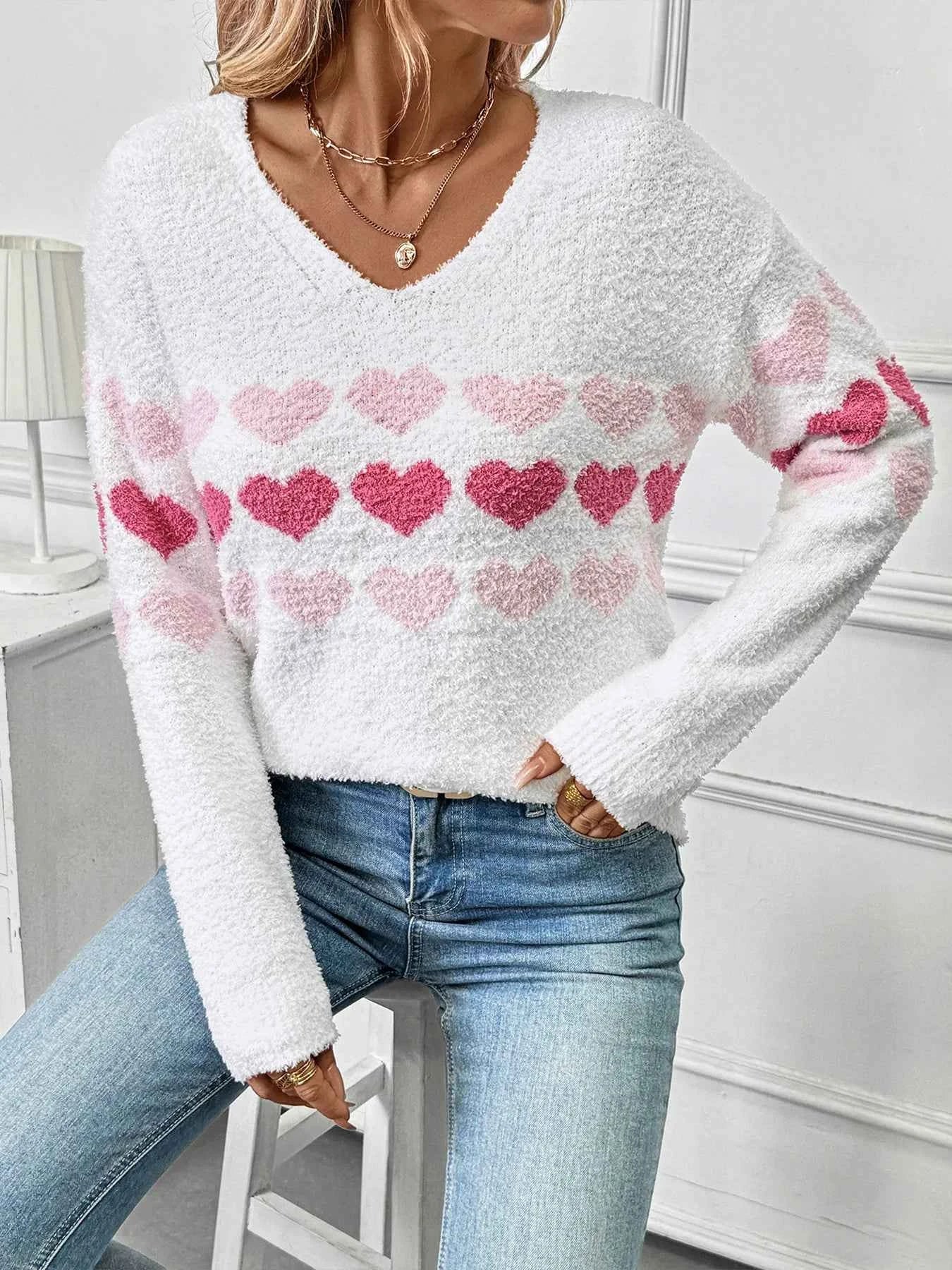 Heart Pattern V-Neck Sweater e6aa549a1bf44bcda9e2954fb8825698-Max-Origin