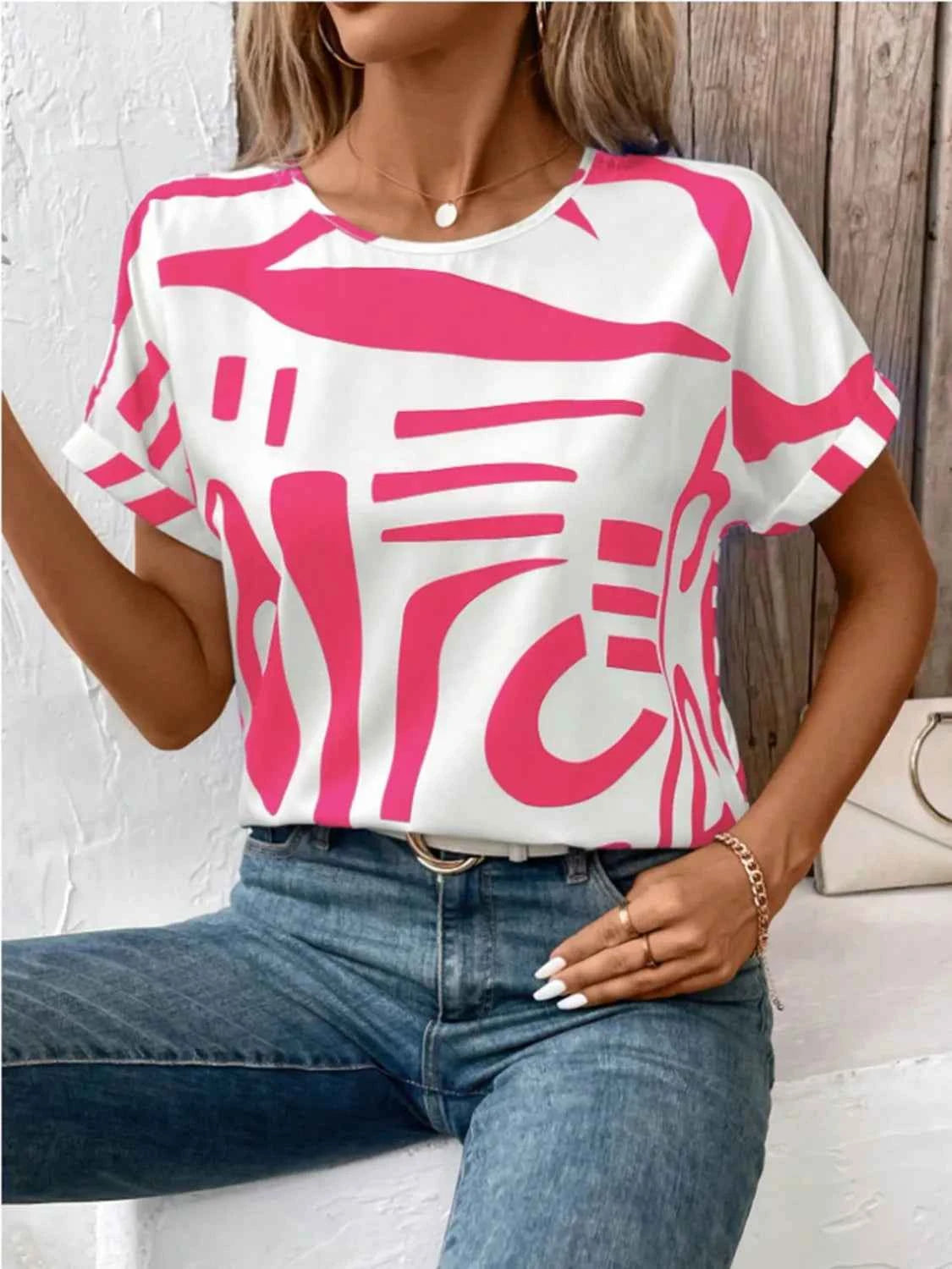 Contrast Round Neck Short Sleeve Blouse Hot Pink e6ad76a0-67cf-4473-b5af-ec2014f4c28e-Max-Origin