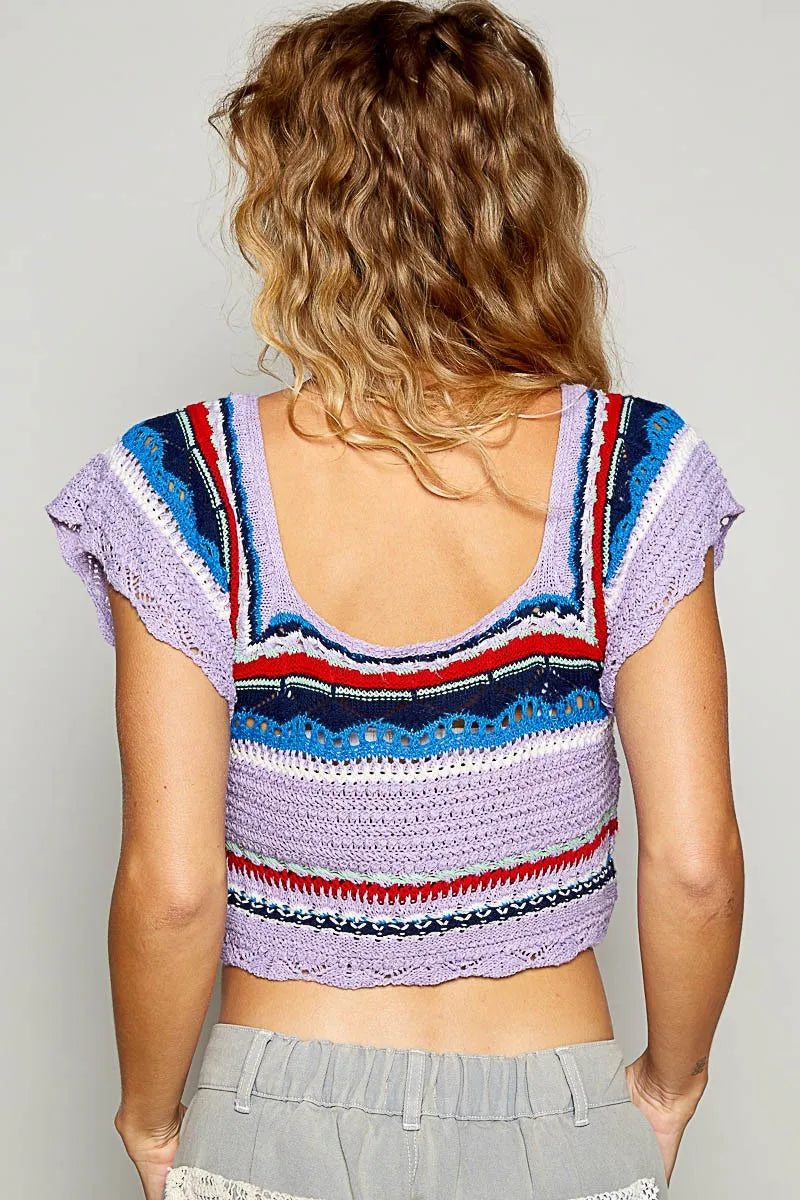 POL Openwork Ethnic Pattern Square Neck Cropped Knit Top e6ad8f9c-2824-4669-8480-fed1daffc037-Max