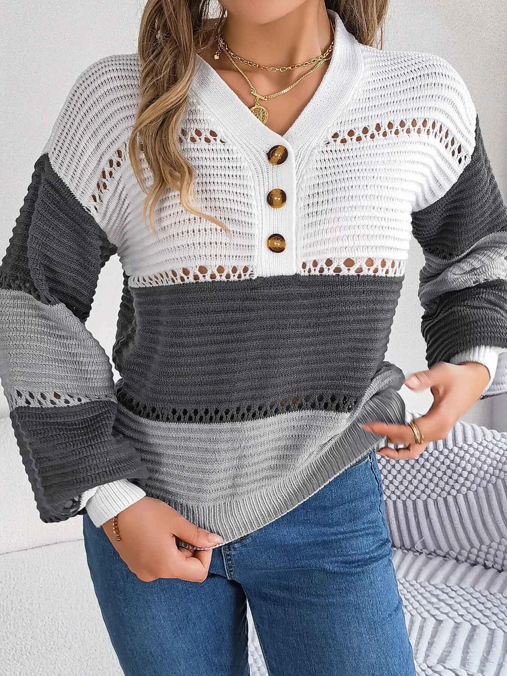 Color Block Striped V-Neck Button Detail Sweater e6b84e13401f4481b617d43fcacc1b9f-Max-Origin
